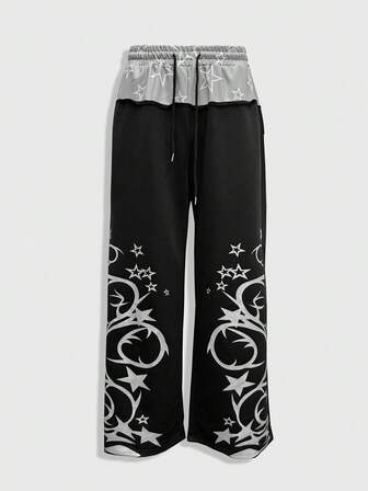 Goth Pantalones con estampado de parches de color contrastante para hombres, otoño