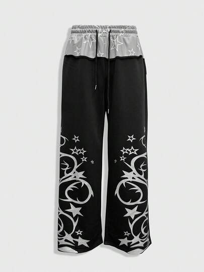 Goth Men Fashion Contrast Color Star Patchwork Print Pants, Fall