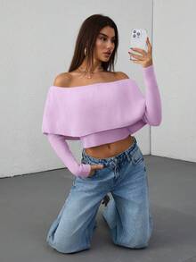 EURMUSE Casual Off Shoulder Bardot Ruffle Neckline Long Sleeve Sweater - Baby Pink - View 4
