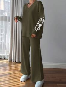 EURMUSE Women Pink Embroidery Detailed Sweater Set - Army Green - View 5