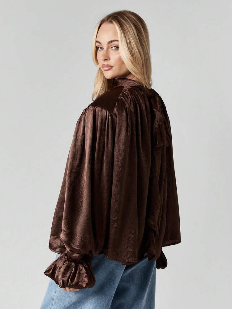 MISSGUIDED Voluminous Chocolate Brown Satin Co-Ord Set With Puff Sleeve Mock Neck Top And Wide Leg Pants For Evening Occasions Autumn Winter Collection