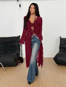 Coolane Women's Fall/All-Season Rave Renaissance Fair Hippie Music Festival Gyaru Mesh Straps Ruffle Ribbon Long Coat