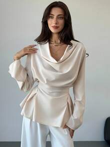 Aloruh Áo cánh thời trang tay dài cổ nhún bèo xếp ly màu trơn cho nữ - Màu be - Xem 6