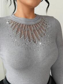SHEIN Elenzya Trang phục hẹn hò cỡ lớn! Áo len đan lưới đính đá lấp lánh, tôn lên những chi tiết gợi cảm - Xám - Xem 1