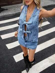 SHEIN Casual Elegant Women Front Tie Sleeveless Top And Denim Skirt Set - Medium Wash - View 1