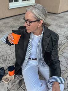 Vivie Lora 女士秋季翻领长袖PU皮休闲西装外套 - 黑色 - 查看 2