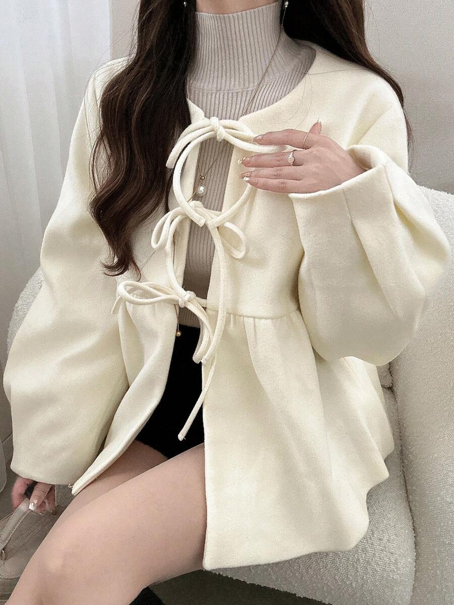 FRIFUL 女士圆领抽绳蝴蝶结褶皱浅色针织秋冬女装外套 - 米色 - 查看 1