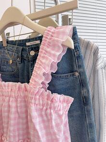 INAWLY Women's Plaid Ruffle Hem & Sleeve Blouse - Baby Pink - View 3