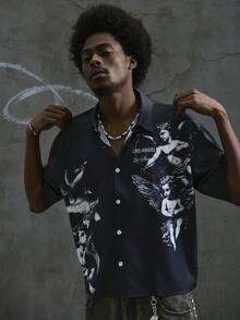 Manfinity ZONE917 Camisa corta y holgada con estampado de ángel de Los Ángeles gótico para hombre - Negro - Ver 9