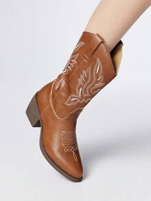 Styleloop Brown Embroidered Western High Shaft Boots, Side Zipper Wedge Heel Riding Boots, Slip-On Elastic Tall Boots For Women, Suitable For Halloween, Christmas, Autumn - Brown - View 3