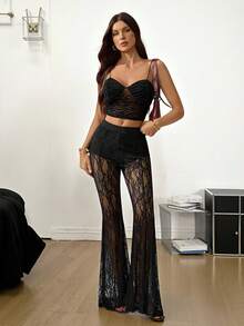 SHEIN Tall Women's Summer Club Outfits Sexy Country Concert Y2K Black Lace Petite Bell Bottoms - Black - View 4
