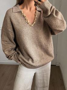 DAZY Women's Loose Fit Long Sleeve Casual Sweater With Lace Collar Decoration, Autumn/Winter - Brown - View 4