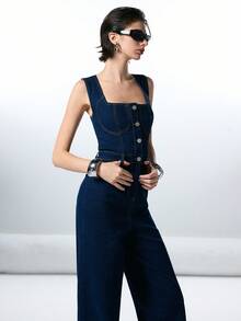 LYSMO 2025 Minimalist Autumn And Winter New Styles Casual Button Waist Sleeveless Women Denim Overalls/ Winter Clothes For Women/Women's Winter Denim Overalls /Christmas/Christmas Clothes /Christmas Outfit For Women/Christmas Women's Clothing /New Year Clothes / New Year Women /Clothes For New Year/ New Year Women's Clothes / Thanksgiving Outfit For Women/Thanksgiving Overalls/ Stylish Women's Denim Blouses / Stylish Clothing Collection /Denim Overalls/Waisted Denim Overalls/Y2K - Dark Wash - View 6