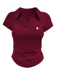 女士休闲半拉链短袖百搭Polo衫，夏季 - 酒紅色 - 查看 5