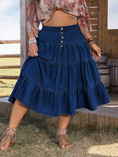 EMERY ROSE Falda vaquera de talla grande con dobladillo con volantes, vestimenta occidental para mujeres