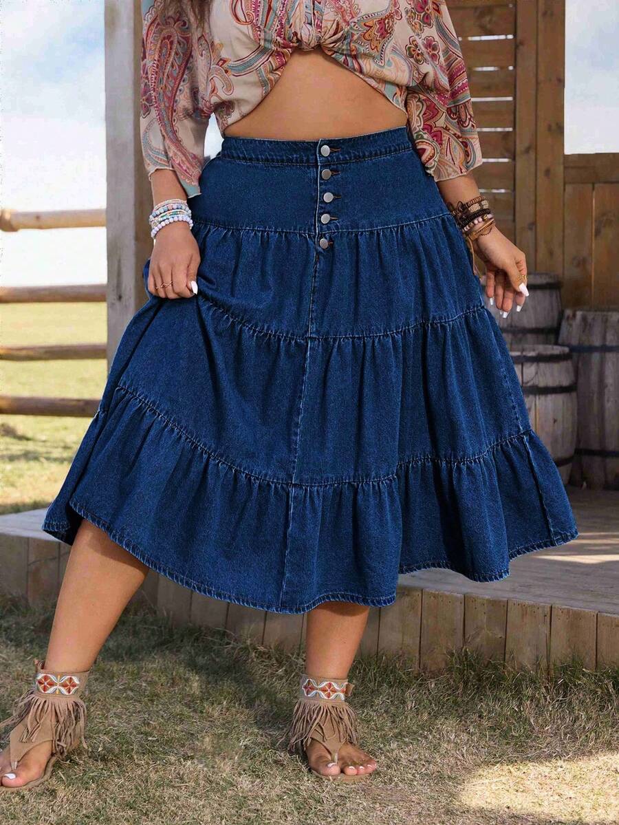 EMERY ROSE Chân váy denim cỡ lớn có viền xếp nếp, trang phục phương Tây dành cho nữ - Rửa tối - Xem 1