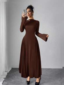 Modelyn 女士优雅孔雀蓝褶饰喇叭裙 - 咖啡棕 - 查看 5