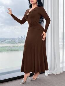 Feyla Twist, Ruched, Metal Decor, Waist Cinched, Long Sleeve, Elegant & Comfortable Party Dress ,Dresses For Women Elegant - Brown - View 5