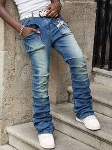 ROMWE MEN Street Life 男士休闲水洗褶皱修身牛仔裤 - 深色水洗藍 - 查看 7