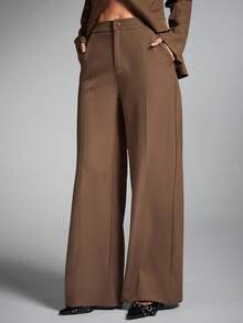 SHEIN BAE Damskie spodnie biurowe w jednolitym kolorze z wysokim stanem i szerokimi nogawkami, luźne, codzienne, brązowe spodnie damskie, spodnie damskie, stroje do pracy, strój biurowy, spodnie robocze na jesień/zimę - Kolor khaki - Zobacz 3