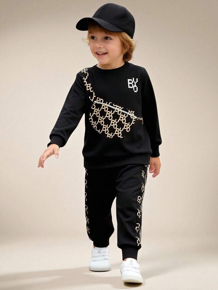 SHEIN Young Boy Bag And Letter Graphic Pullover & Sweatpants Chic Outfits For Autumn/Winter - Black - View 1