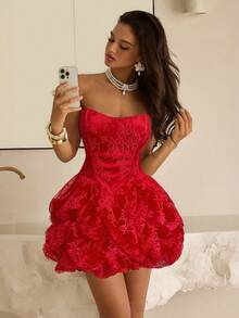 Vowa 优雅奢华的无肩带泡泡迷你连衣裙，适合婚礼、派对、度假、舞会、新娘送礼会 - 紅色 - 查看 2