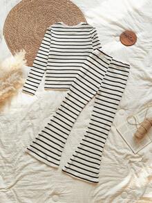 Vintaside Kids 青少年女孩休闲条纹T恤和裤子套装，秋季 - 黑與白 - 查看 2