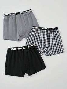 SHEIN 3 件套青少年男童休闲格子平角内裤，经典简约百搭百搭内衣套装，适合居家、日常、度假、春夏秋冬