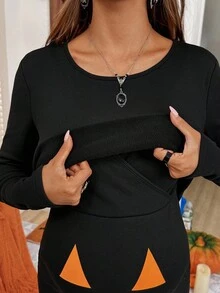 SHEIN Sukienka do karmienia piersią dla kobiet w ciąży, czarna, z nadrukiem dyni na Halloween, z długim rękawem, dopasowana, jesienno-zimowa, termiczna, z podszewką, ciepła, na Halloween