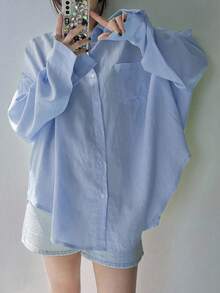 DAZY Camisa holgada de unicolor con cuello regular para mujer, blusa de manga larga para otoño - Agua verde azul - Ver 5