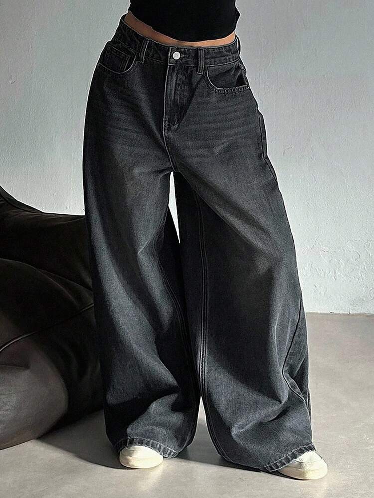 Women's Distressed Washed Wide Leg Jeans