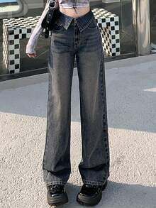 DAZY 女性高腰摺邊水洗牛仔褲 - 深色水洗藍 - 查看 3