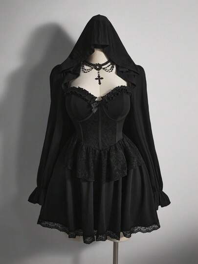 SHEIN ICON Plus Size Black Hooded Lantern Sleeve Sexy Mini Dress, Suitable For Halloween Party, Halloween Costume, Witch/Fall/Winter