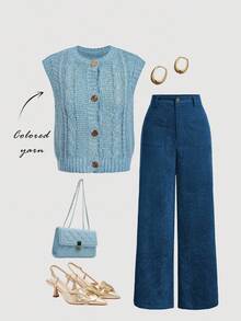 Skyraze Women's Casual Twist Cable Pattern Single-Breasted Round Neck Knitted Cardigan Vest In Fall/Winter