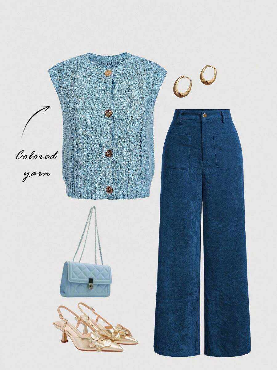 Skyraze Women's Casual Twist Cable Pattern Single-Breasted Round Neck Knitted Cardigan Vest In Fall/Winter