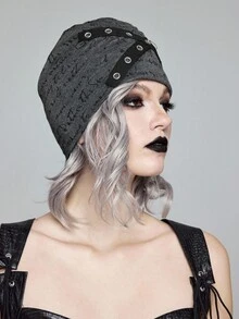 ROMWE Grunge Punk Gray Letter Random Print Headband Hairpin Eyelet Criss-Cross Beanie Hat, Personalized Fashion Versatile Unisex Beanies Suitable For Vacation, Party, Social, Shopping - Grey - View 4