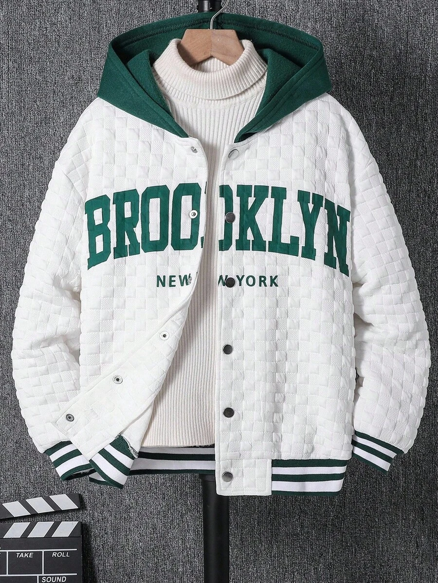 SHEIN 1 Piece Tween Boy White Casual Autumn School Back-To-School Textured Fabric Contrast Color Hooded Baseball Jacket For Birthday Parties,Sports & Daily - White - View 1