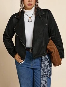 Freevana 加大码休闲纯色翻领夹克，秋季双层羊毛保暖秋冬冬季棉服外套冬季外套，时尚日常穿着，办公室穿着，复古款，日常休闲假日黑色加大码夹克女式夹克超大夹克加大码外套绒面革夹克 - 黑色 - 查看 8