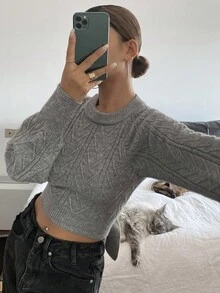 Livesso Autumn/Winter Loose Business Casual Floral Pattern Lace-Up Cinched Waist Hollow Out Sexy Fitted Cropped Knit Sweater For Women - Grey - View 5