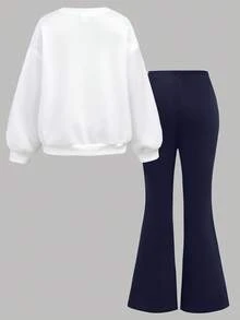 Girlism Tween Girls 外套套装 2 件套 Tween Girls 休闲花卉贴花连帽衫和运动裤套装，秋冬 - 藍白色 - 查看 2