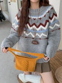 DAZY 女士宽松休闲圆领毛衣，秋冬新品 - 灰色 - 查看 5