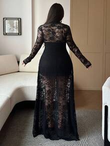 Vibekara Plus Size Women's V-Neck Long Sleeve Lace Patchwork Hollow Out Mermaid Elegant Vintage Cute Sexy Slim Maxi Dress Black Lace Dress Wedding Guest - Black - View 2