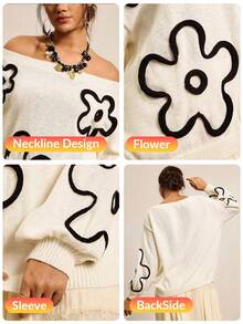SHEIN LUNE Plus Size Women Floral Pattern Round Neck Drop Shoulder Long Sleeve Casual Loose Sweater Autumn Thickened For Warmth Sweater - Beige - View 10