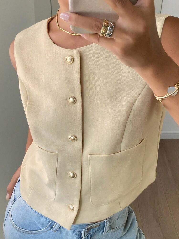 Women Solid Color Round Neck Sleeveless Fitted Jacket,Fall Clothes