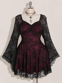 Nezia Cruz Plus Size Square Neck Ruched Lace Flare Sleeve Contrast Color Goth Dress, Y2K Party Dress, Halloween Costume, Witch Vampire Dress - Multicolor - View 3