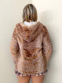 Sweetina Women's Autumn And Winter Warm Thermal Lined Retro Casual Sweet Cute Millennial Style Y2K Deer Pattern Brown Hooded Loose Fake Fur Coat,Fall