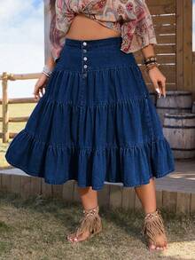 EMERY ROSE Chân váy denim cỡ lớn có viền xếp nếp, trang phục phương Tây dành cho nữ - Rửa tối - Xem 4