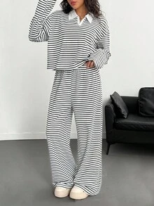 Sparklyn Teen Girls Polo Collar Drop Shoulder Long Sleeve Striped T-Shirt And Pants Casual Outfit, Autumn Fall Winter - Multicolor - View 7