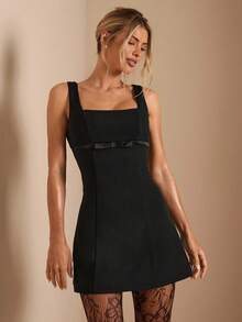 SHEIN BAE Autumn And Winter Women's Black Elegant Square Neck Chest Bow Decoration Mini A-Line Dress, Black Little Dress,Suitable For Romantic Dates, Banquet, Daily Elegant Outings, Party Dress, Wedding Guest Dress, Holiday Dress,Valentine's Day,Valentine Outfits For Women