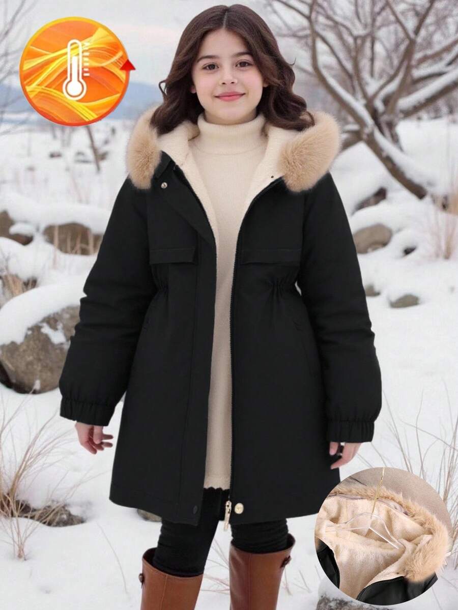 女童厚羊毛优雅简约时尚毛领长款户外夹克,卡其色,适合秋冬季,时尚派对和场合 - 黑色 - 查看 1